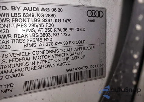 2020 Audi Q7 Premium 55 Tfsi Quattro Tiptronic z USA, uszkodzony, nr VIN WA1AXAF7XLD011153